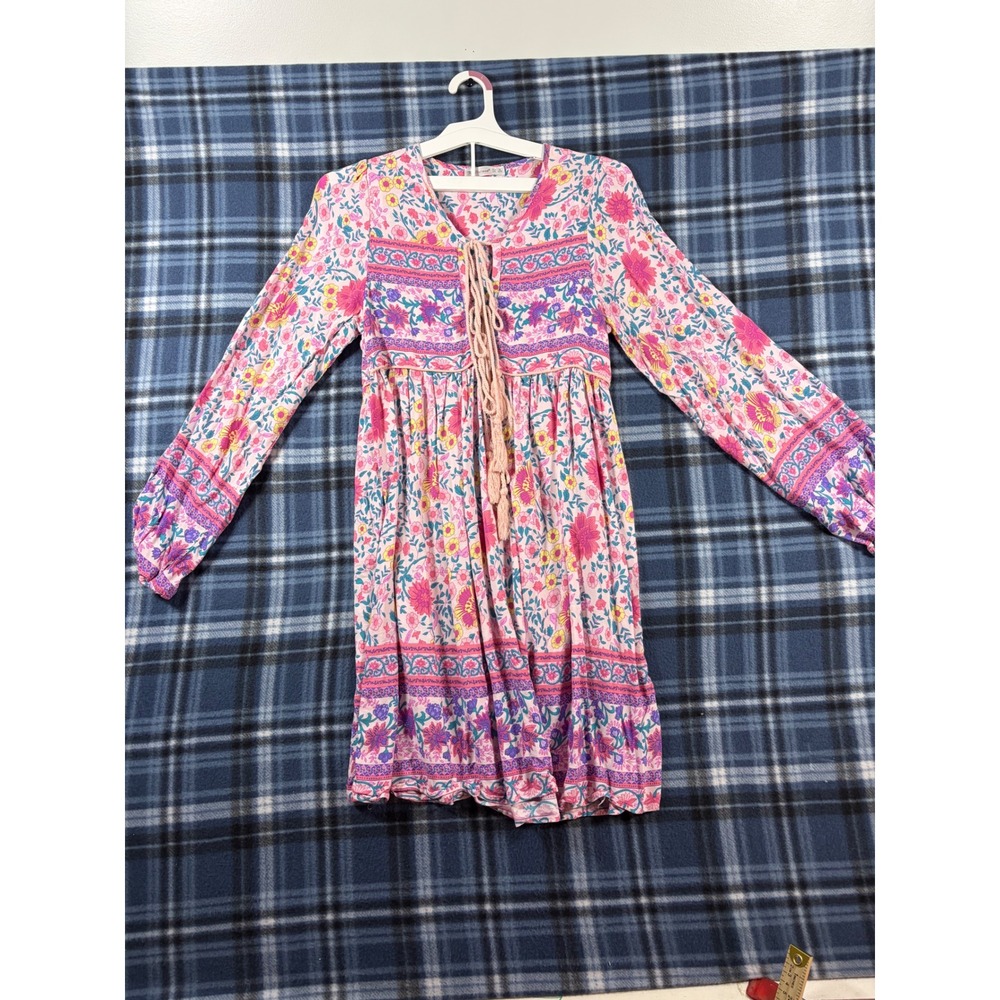 R. Vivimos Pink Floral Boho Lace Up Tassel Mini Dress Small 4/6 Long Sleeve